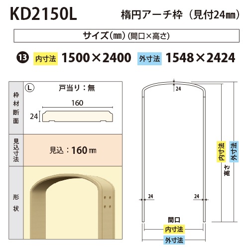しばっち※プロフ必読様　Мサイズ KD2150L：楕円アーチ枠 間口1500 戸当り無し（見付24・見込160