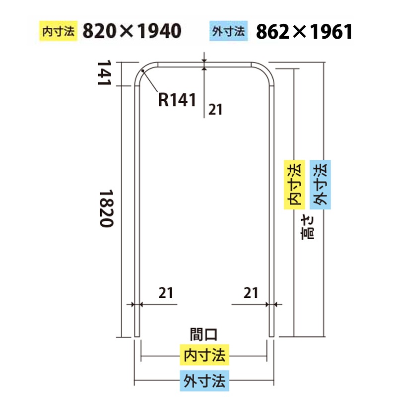 KKA088E：角丸枠 R141 間口820（見付21・見込160）外寸：862×1961mm