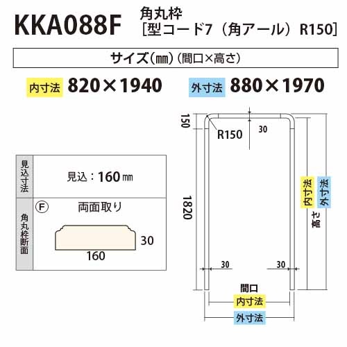 KKA088F：角丸枠 R150 間口820（見付30・見込160）外寸：880×1970mm