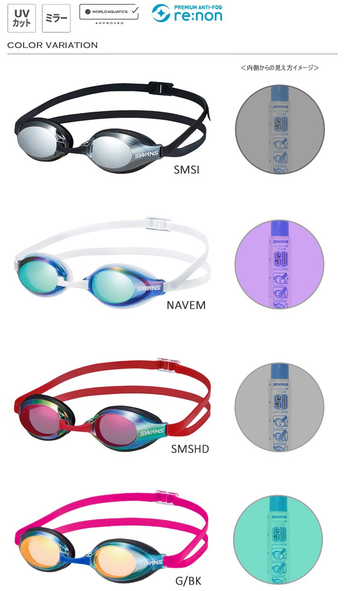 FINA承認モデル クッションあり 競泳用スイムゴーグル ミラーレンズ AQUALIGHTNING アクアライトニング SWANS スワンズ SR-3Mre