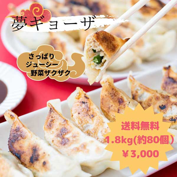 ≪夢工房≫ 夢ギョーザ 約80個 送料無料【冷凍 餃子 ギョーザ 水餃子 国産材料 冷凍食品 野菜たっぷり 手作り 人気 国産 簡単 食品 惣菜 中華惣菜 点心 中華点心】