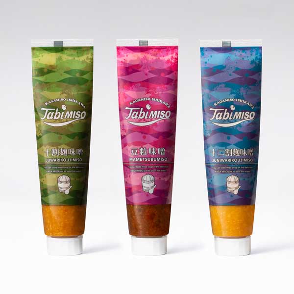 ≪加賀味噌食品工業協業組合≫加賀みそチューブ Tabimiso3本セット（十二割麹味噌、十割麹味噌、豆粒味噌）【送料無料 金沢 パウチ お手軽 キャンプ 迷彩 簡単 便利】