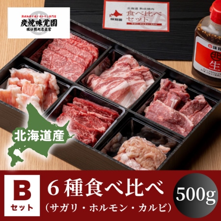 【味覚園】北海道焼肉セットB　６種食べ比べ（サガリ・ホルモン・カルビ）　500g