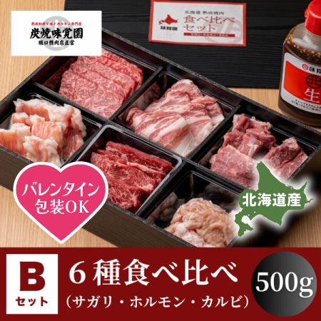 【味覚園】北海道焼肉セットB　６種食べ比べ（サガリ・ホルモン・カルビ）　500g