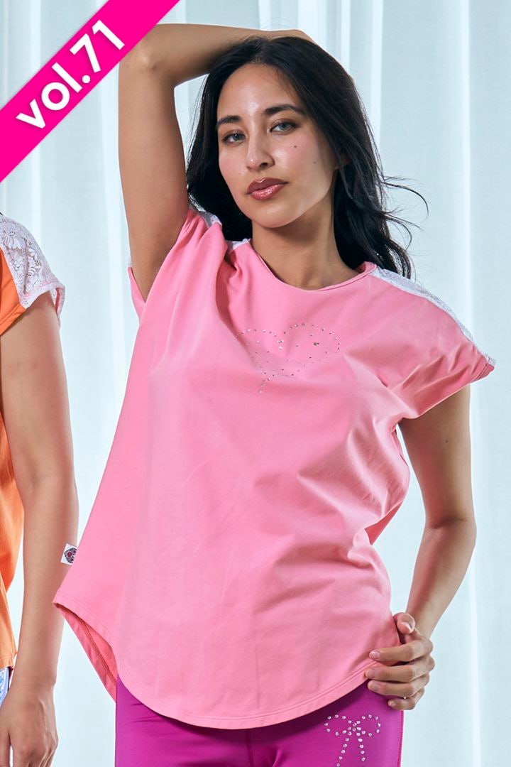 肩レース切替エアリーTシャツ(クリスタルラインストーン付)＊オーロラピンク 【フリー】 [Vol.71 71715-237-9520] 定価\9,680（税込）