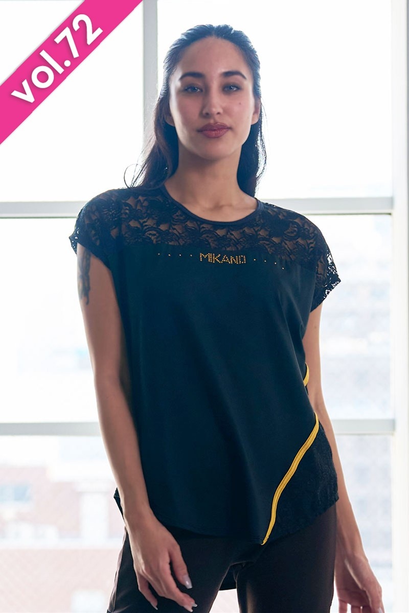 MIKANOミカランセ エアリーTシャツ黒フェミニンレース ゆったりTシャツ｜フィットネスウェア・スポーツウェアレディース通販