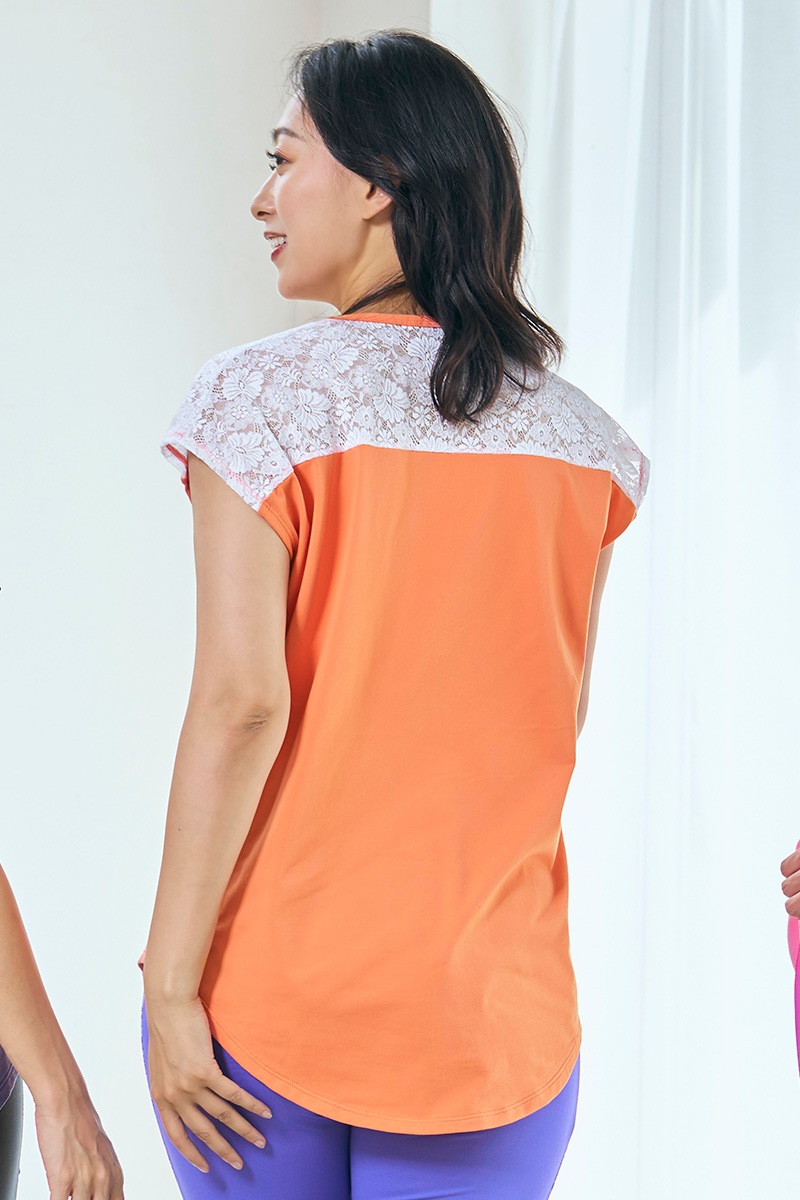 肩レース切替エアリーTシャツ(クリスタルラインストーン付)＊オレンジ 【フリー】 [Vol.71 71715-237-9544] 定価\9,680（税込）