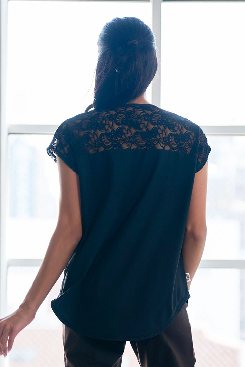 レース切替エアリーTシャツ(ラインストーン付)＊ブラック 【フリー】 [Vol.72 72717-611-0857] 定価￥9,680（税込）