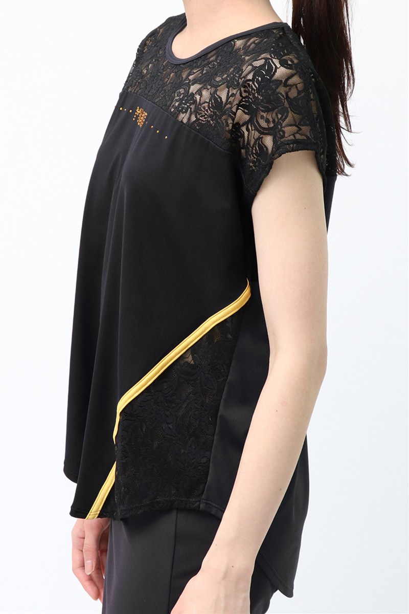 レース切替エアリーTシャツ(ラインストーン付)＊ブラック 【フリー】 [Vol.72 72717-611-0857] 定価￥9,680（税込）