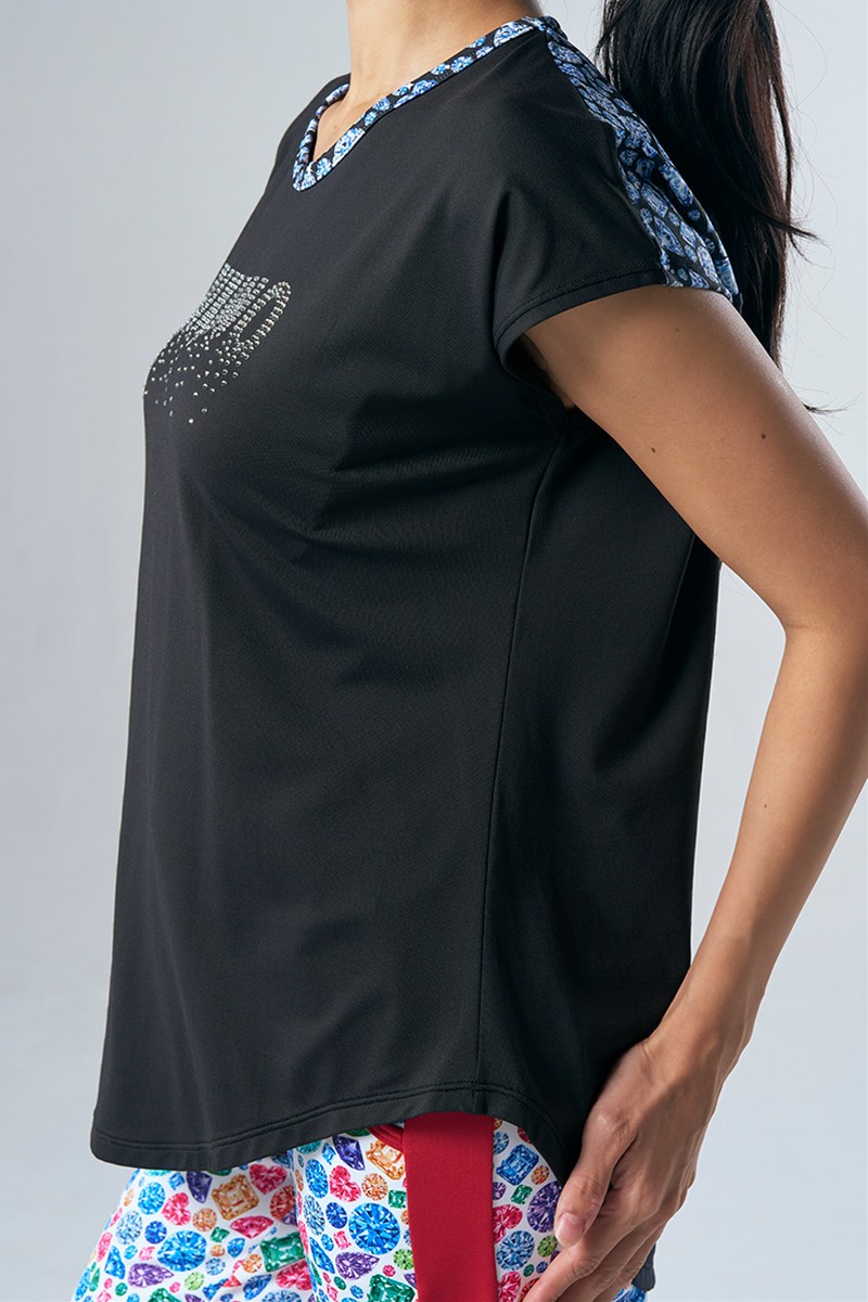 肩切替エアリーTシャツ(クリスタルラインストーン付)＊ブラック 【フリー】 [EXCLUSIVE 71719-237-9810] 定価\10,450（税込）