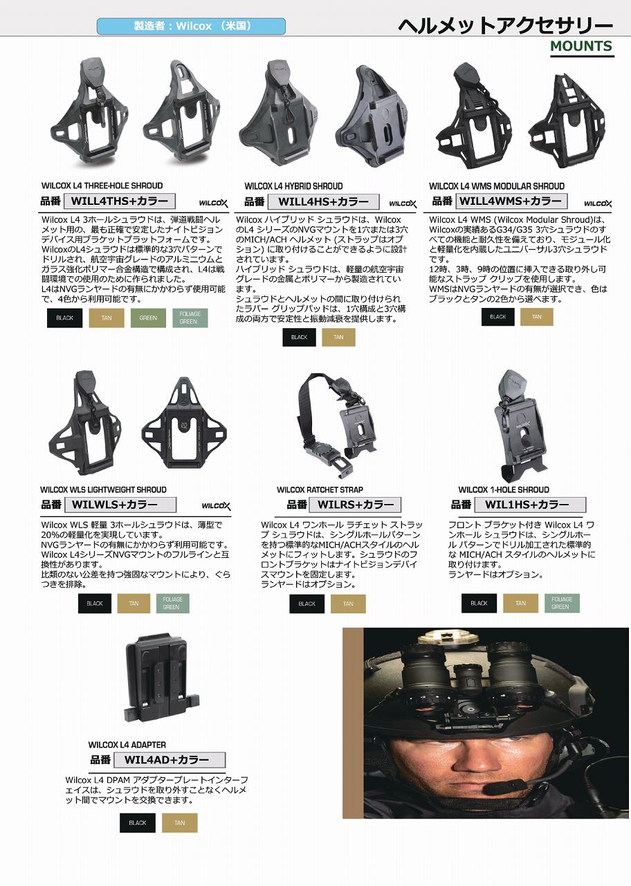 Wilcox ヘルメットアクセサリー各種 ウィルコックス製 防弾