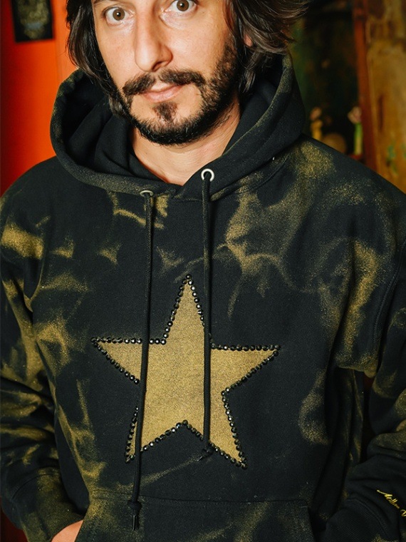 ラインストーン BLACK Over Size Hoodie Star Gold