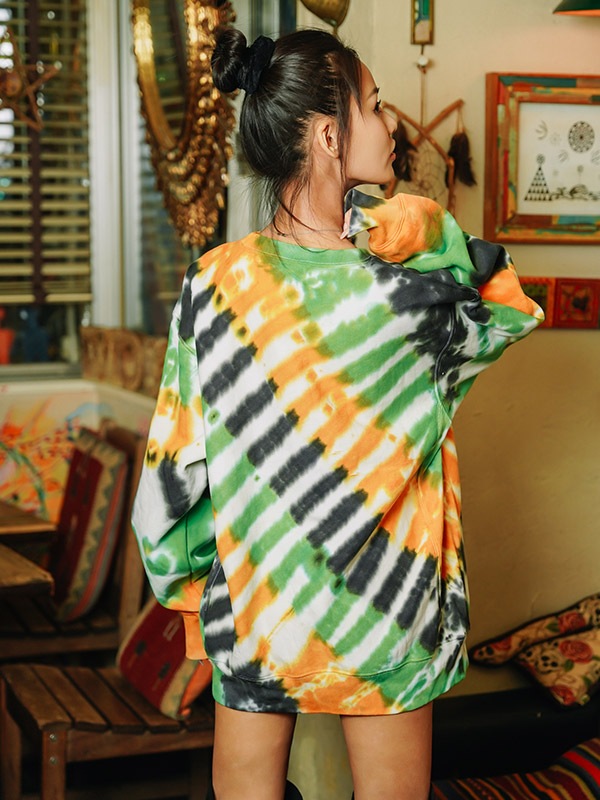 Women Tie-Dye Hoodie Stripe GREEN✖️ORANGE