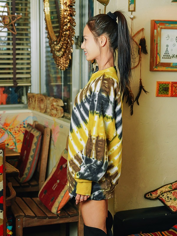 Women Tie-Dye Crew NecK クルーネックスウェット Stripe BROWN✖️YELLOW