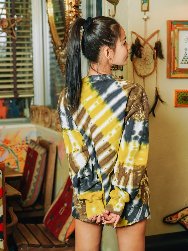 Women Tie-Dye Crew NecK クルーネックスウェット Stripe BROWN✖️YELLOW