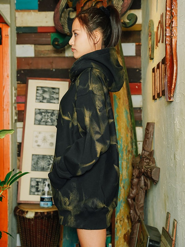 Women ラインストーン BLACK Over Size Hoodie Star Gold