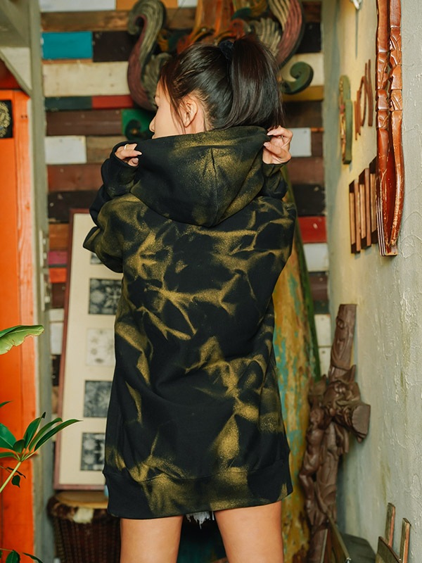Women ラインストーン BLACK Over Size Hoodie Star Gold
