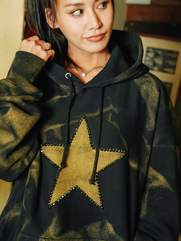 Women ラインストーン BLACK Over Size Hoodie Star Gold