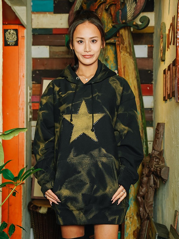 Women ラインストーン BLACK Over Size Hoodie Star Gold