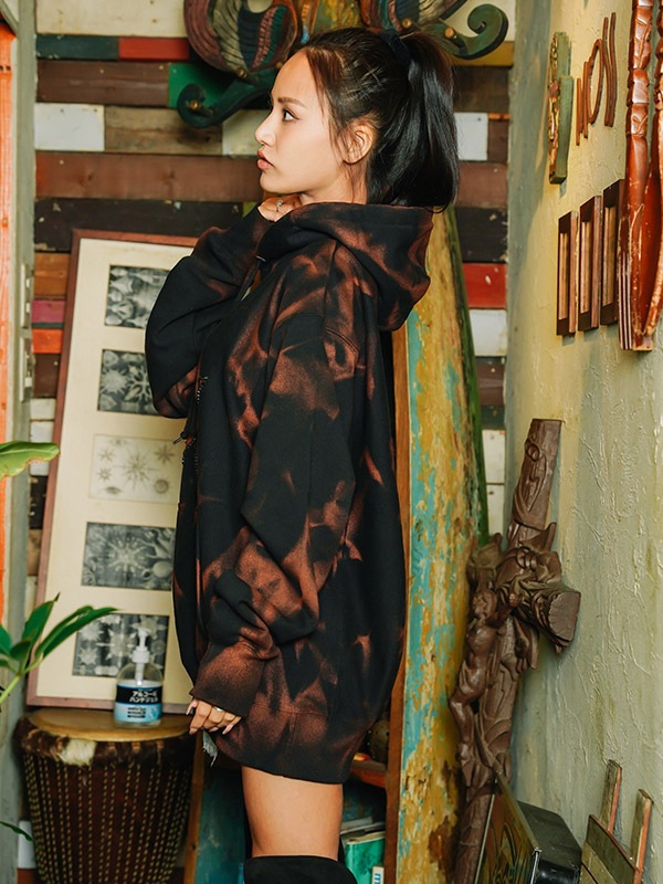 Women ラインストーン BLACK Over Size Hoodie Star Copper