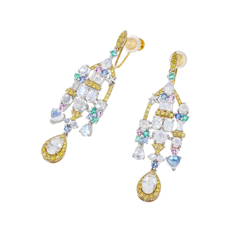 K18WG/CG レインボームーンストーン ファンシーイエローダイヤ レインボーキャッスル イヤリング MO 約3.40ct YD 約0.46ct IBS 約0.26ct EM 約0.20ct PS 約0.20ct