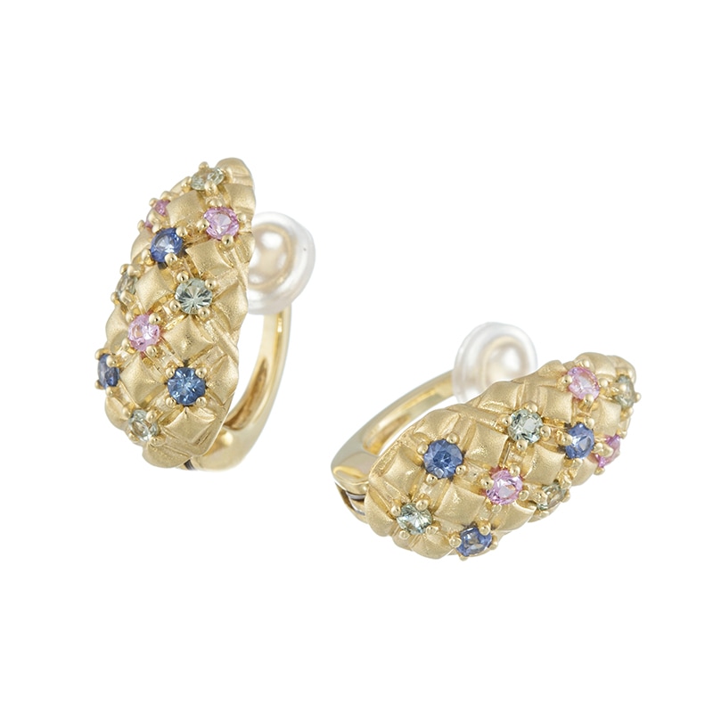 K18YG グリーンサファイア & アイスブルーサファイア & ピンクサファイア パティスリー フェザータッチイヤリング GS 約0.18ct IBS 約0.17ct PS 約0.15ct