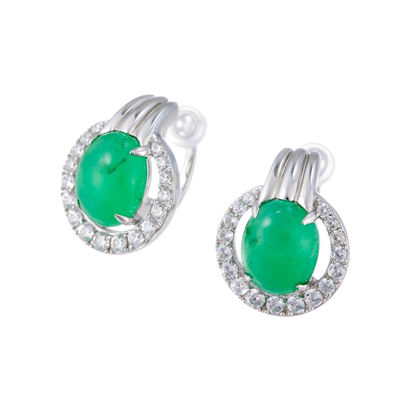 パラジウムシルバー950 クリソプレーズ 天然ホワイトジルコン Mia フェザータッチイヤリング CJ 約4.00ct ZI 約1.30ct