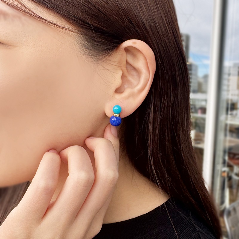 K18YG ターコイズ ラピスラズリ スノーマン フェザータッチイヤリング