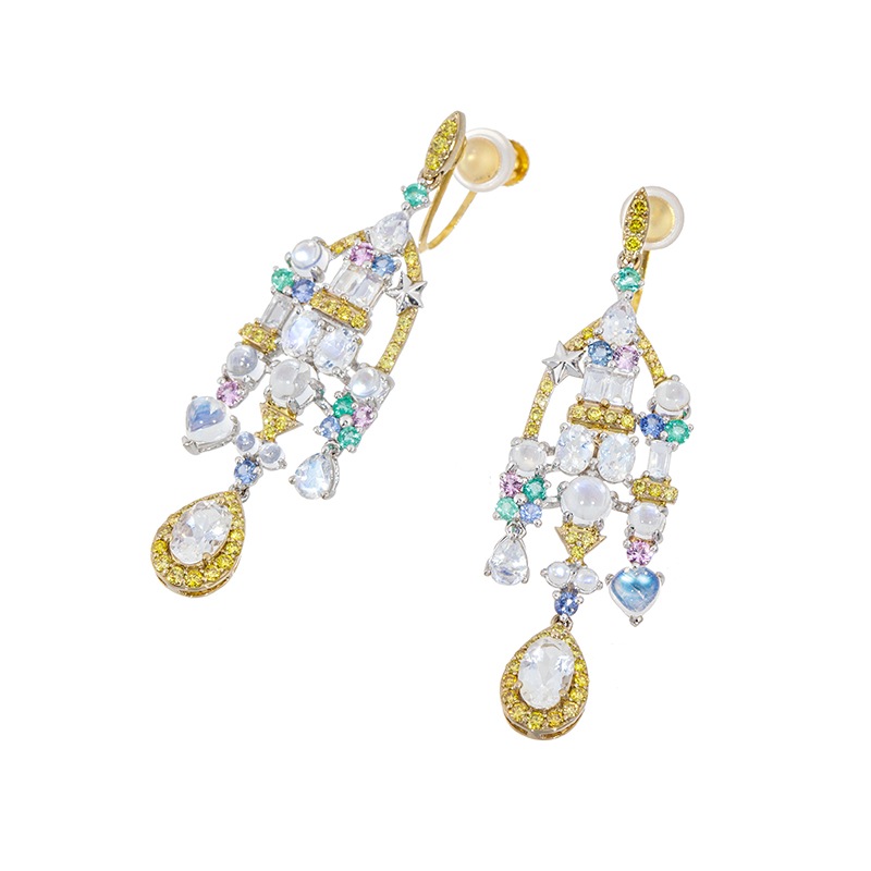 K18WG/CG レインボームーンストーン ファンシーイエローダイヤ レインボーキャッスル イヤリング MO 約3.40ct YD 約0.46ct IBS 約0.26ct EM 約0.20ct PS 約0.20ct