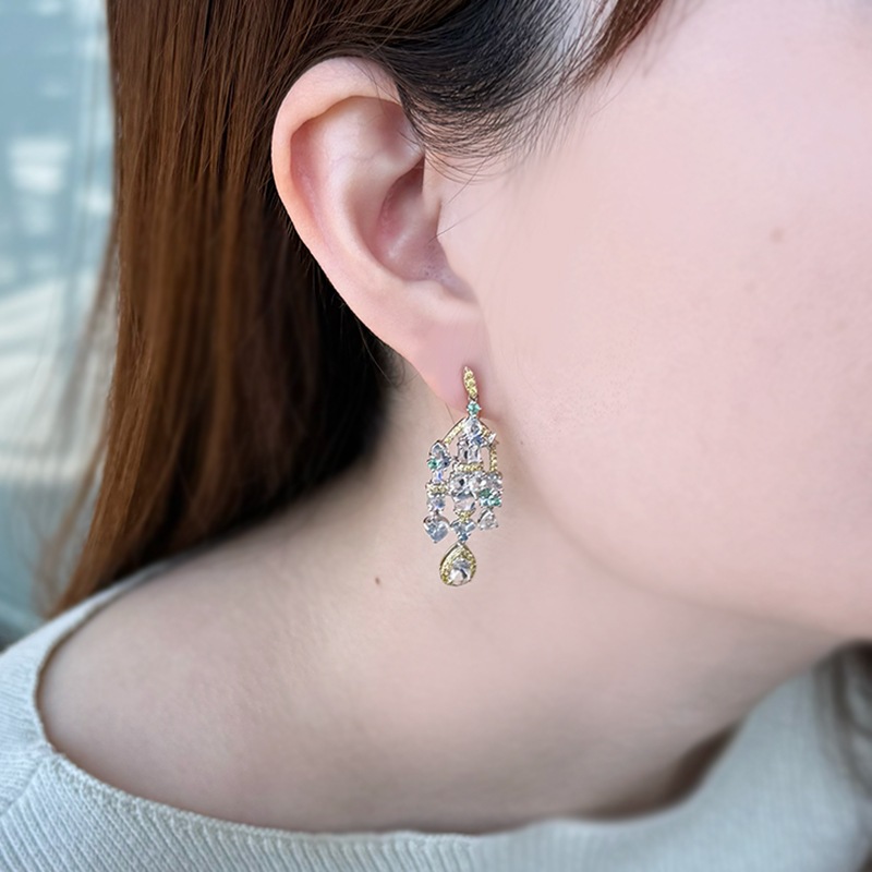 K18WG/CG レインボームーンストーン ファンシーイエローダイヤ レインボーキャッスル イヤリング MO 約3.40ct YD 約0.46ct IBS 約0.26ct EM 約0.20ct PS 約0.20ct