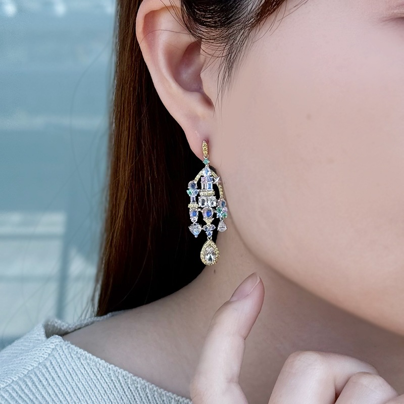 K18WG/CG レインボームーンストーン ファンシーイエローダイヤ レインボーキャッスル イヤリング MO 約3.40ct YD 約0.46ct IBS 約0.26ct EM 約0.20ct PS 約0.20ct