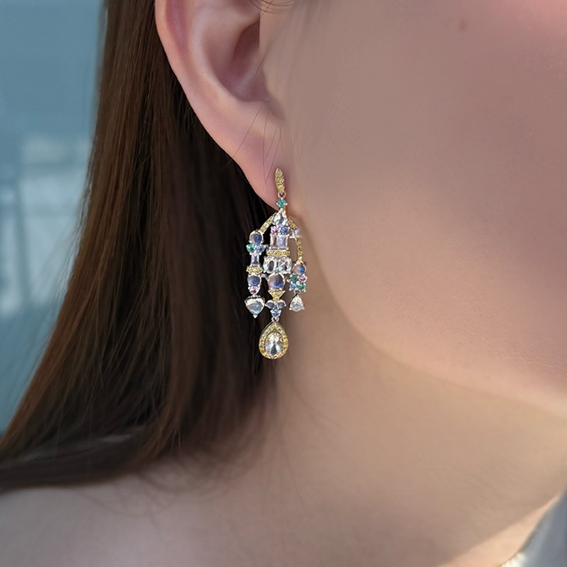 K18WG/CG レインボームーンストーン ファンシーイエローダイヤ レインボーキャッスル イヤリング MO 約3.40ct YD 約0.46ct IBS 約0.26ct EM 約0.20ct PS 約0.20ct