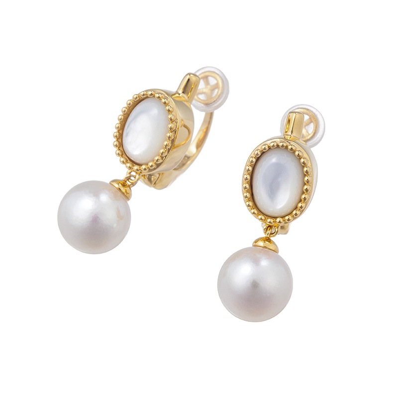 パラジウムシルバー950 アコヤ真珠 白蝶貝 アンティーク調 フェザータッチイヤリング P 約8.5mm