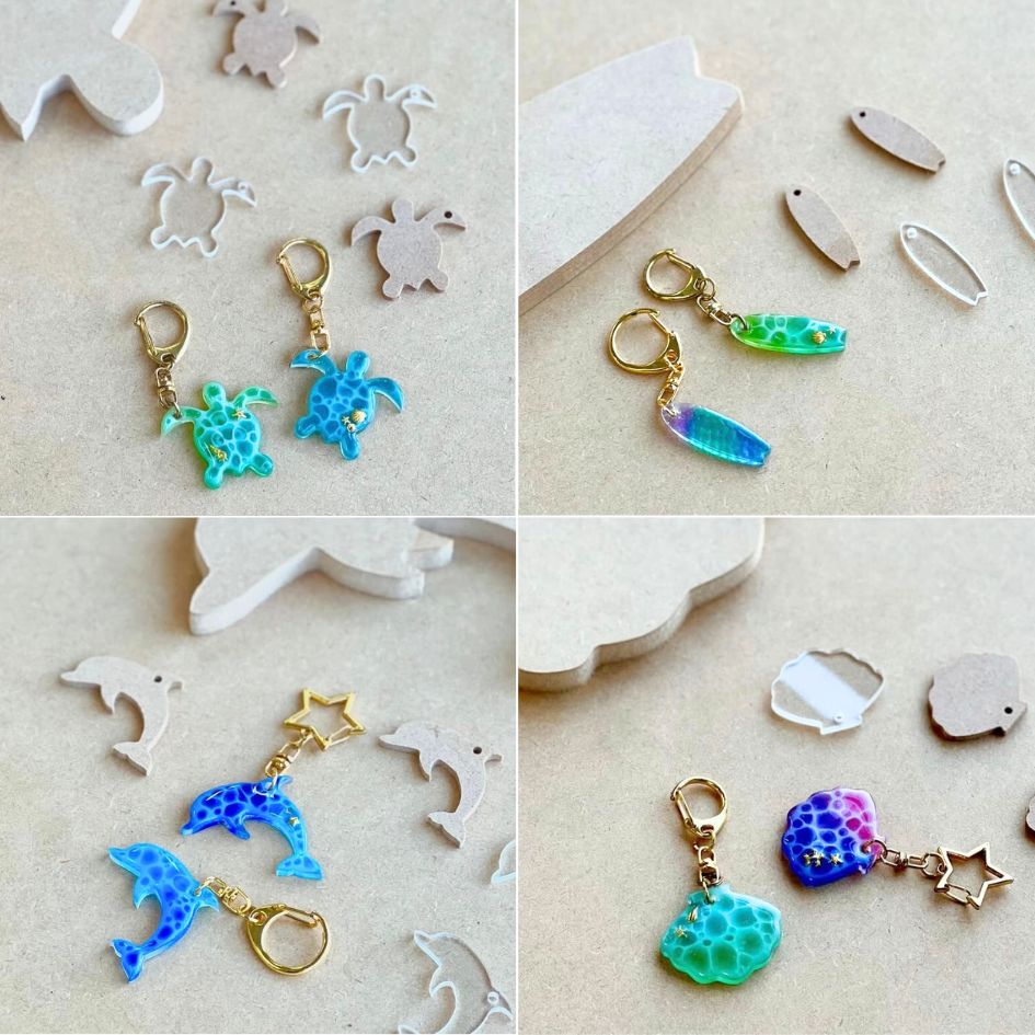 ” アクリル ” アートボード mini ( 4枚セット) 3mm厚 アクリル板 透明 チップ ミニ 小さな 切り抜き ホヌ カメ イルカ ドルフィン シェル 貝 サーフボード