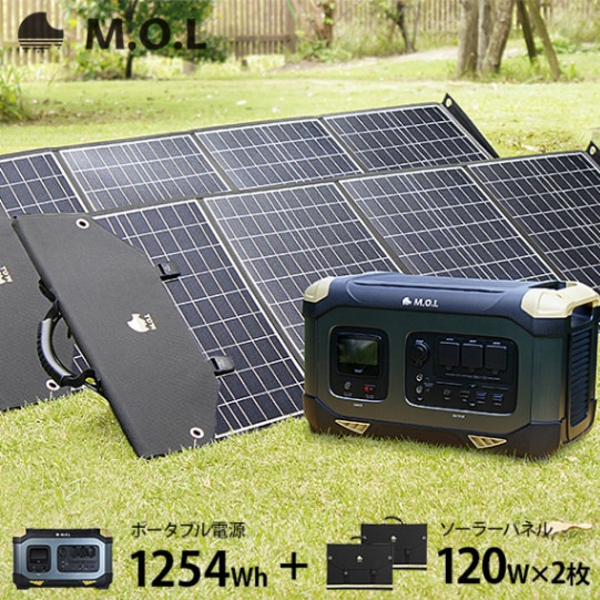 M.O.L ポータブル電源 MOL-P1250＋ソーラーパネル120W×2枚＋並列