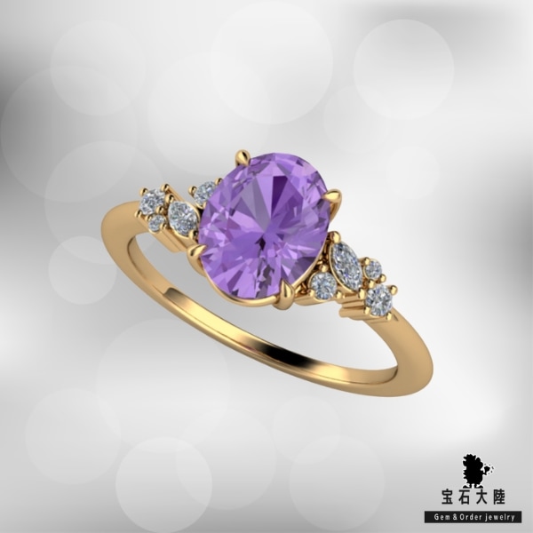 装飾的なゴールドリング 紫のストーン ヴィンテージ 9カラット ゴールド アメジスト＆ダイヤモンド スリー