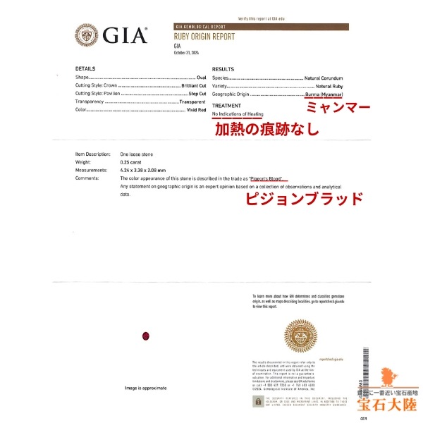 天然ルビー 0.25ct 【Pigeon's Blood・非加熱】 ミャンマー GIA産地鑑別 