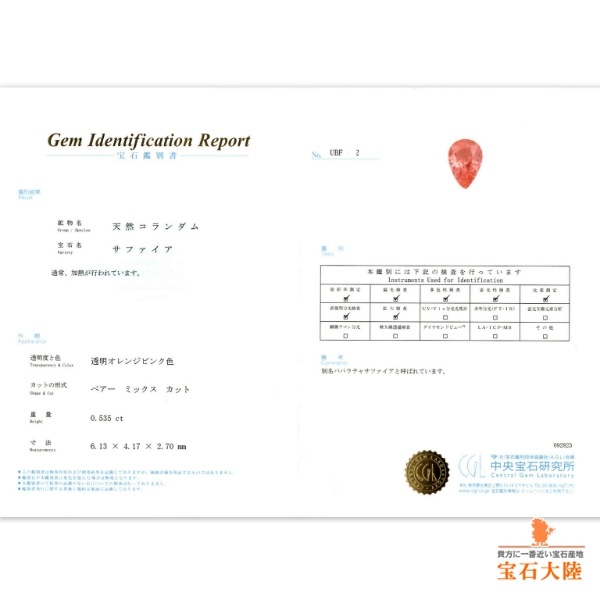 天然パパラチャサファイア 0.53ct 【美発色】 マダガスカル 中宝鑑別付