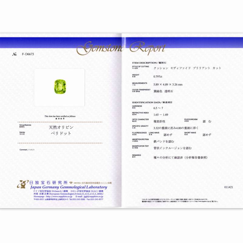 天然ペリドット 0.79ct 【隕石】 パラサイト 日独鑑別付