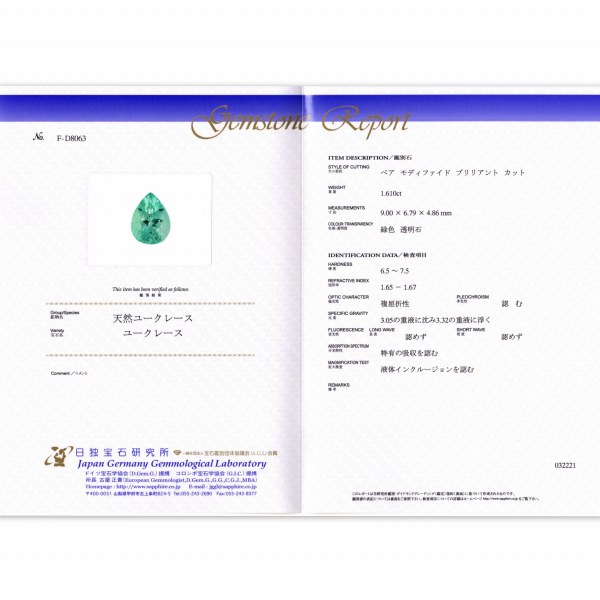 天然ユークレース 1.61ct 【瑞々しいブルーグリーン】 日独鑑別付