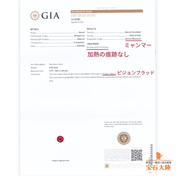 天然ルビー 0.28ct 【Pigeon's Blood・非加熱】 ミャンマー GIA産地鑑別 