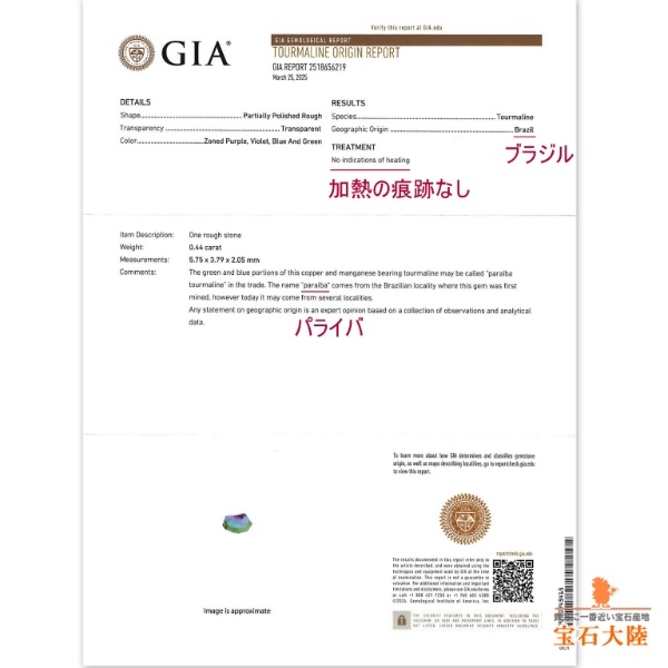 天然トリカラートルマリン 0.44ct 【パライバ】 スライス ブラジル GIA産地鑑別付