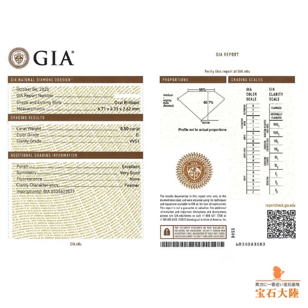 天然ダイヤモンド 0.50ct 【D IF TYPEⅡA】オーバル  GIA/中宝鑑定書付