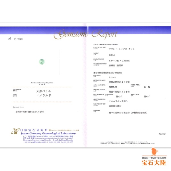 天然エメラルド 0.28ct 【ノンオイル】 ラウンド　日独分析鑑別書付
