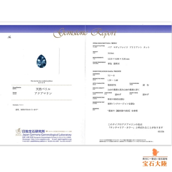 天然アクアマリン 3.01ct 【非加熱 サンタマリア・アフリカーナ】日独