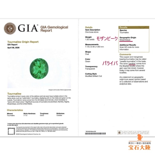 天然パライバトルマリン 1.32ct【極上ネオンブルーグリーン】モザンビーク 中宝分析/GIA