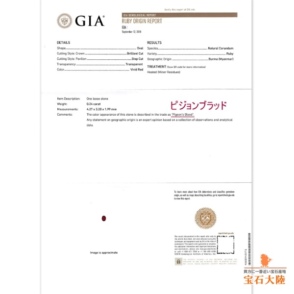 天然ルビー 0.24ct 【Pigeon Blood】 ミャンマー GIA鑑別
