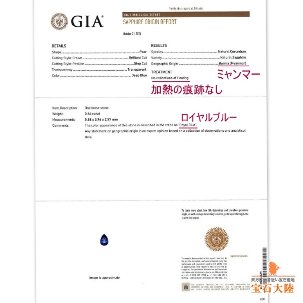 天然ブルーサファイア 0.54ct 【ミャンマー・モゴック/非加熱】 ROYAL BLUE GIA産地鑑別