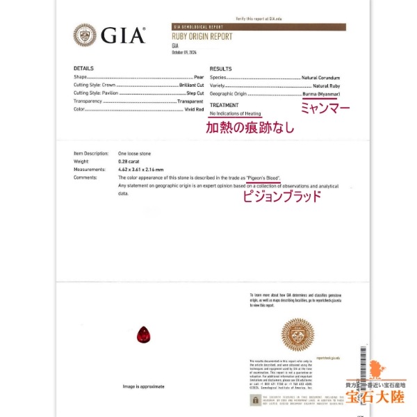天然ルビー 0.28ct 【Pigeon's Blood・非加熱】 ミャンマー GIA産地鑑別 