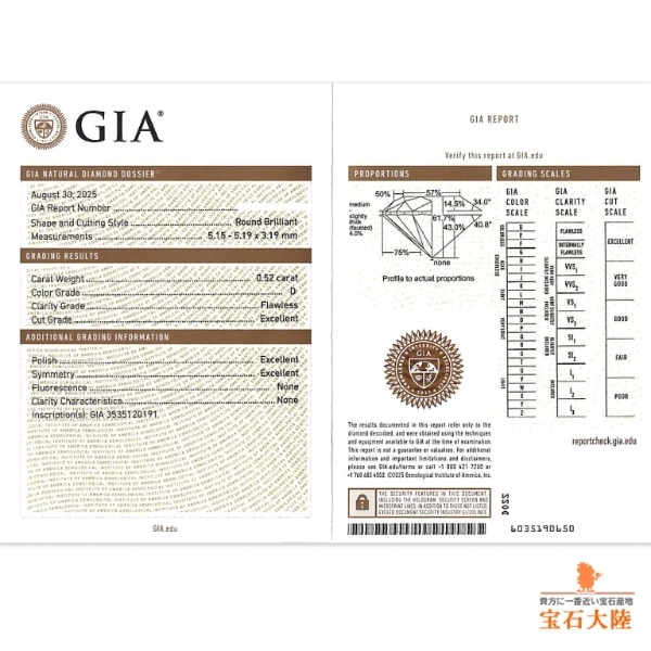 天然ダイヤモンド 0.525ct 【D FL 3EX H&C TYPEⅡA】 GIA・中宝鑑定書